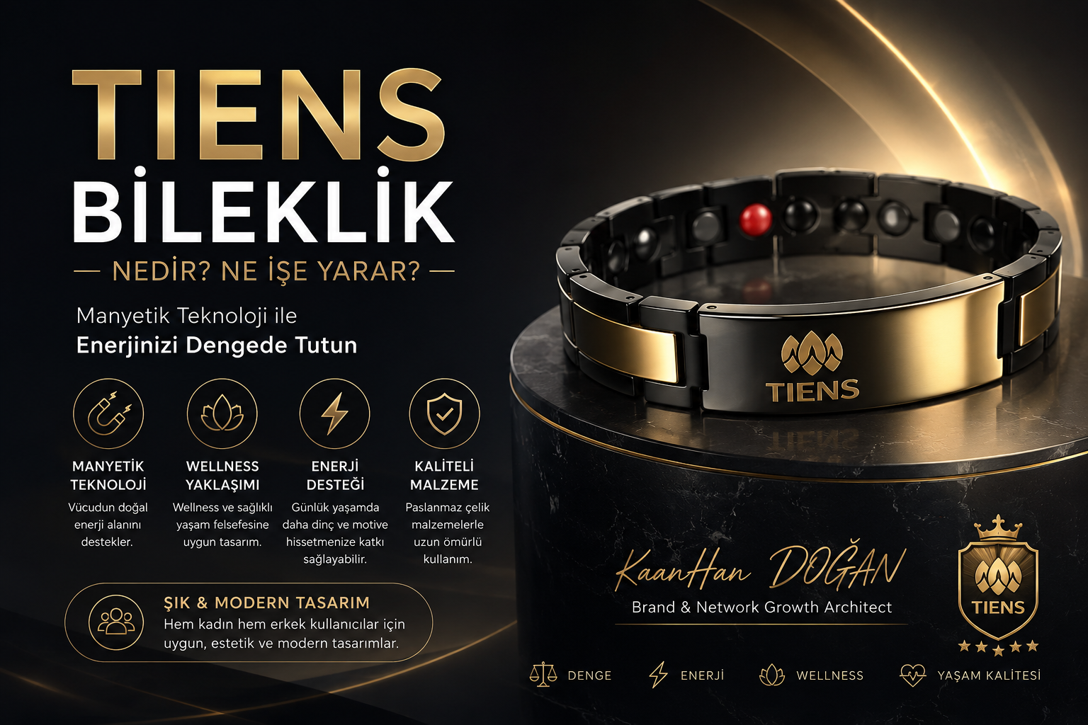 Tiens bileklik hakkında hazırlanan premium kapak görselinde manyetik teknoloji, wellness yaklaşımı ve modern tasarım detayları yer almaktadır.